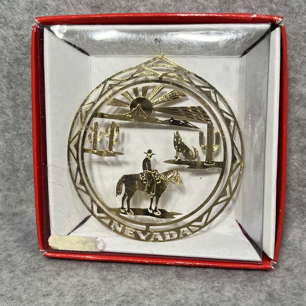 Nevada Ornament Gold‎ Metal Cowboy Horse Desert Christmas Nations Treasures Box